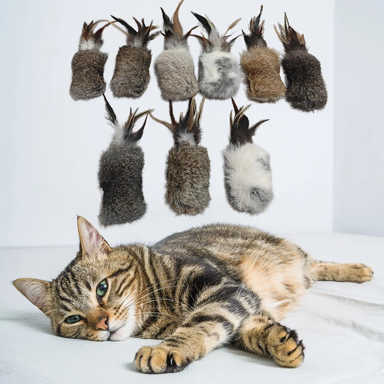 Factory Direct Supply Pet Toys Real Rabbit Fur Cat Teaser Colorful Feather Stick Dog Training Toys Play Supplies Pet Products