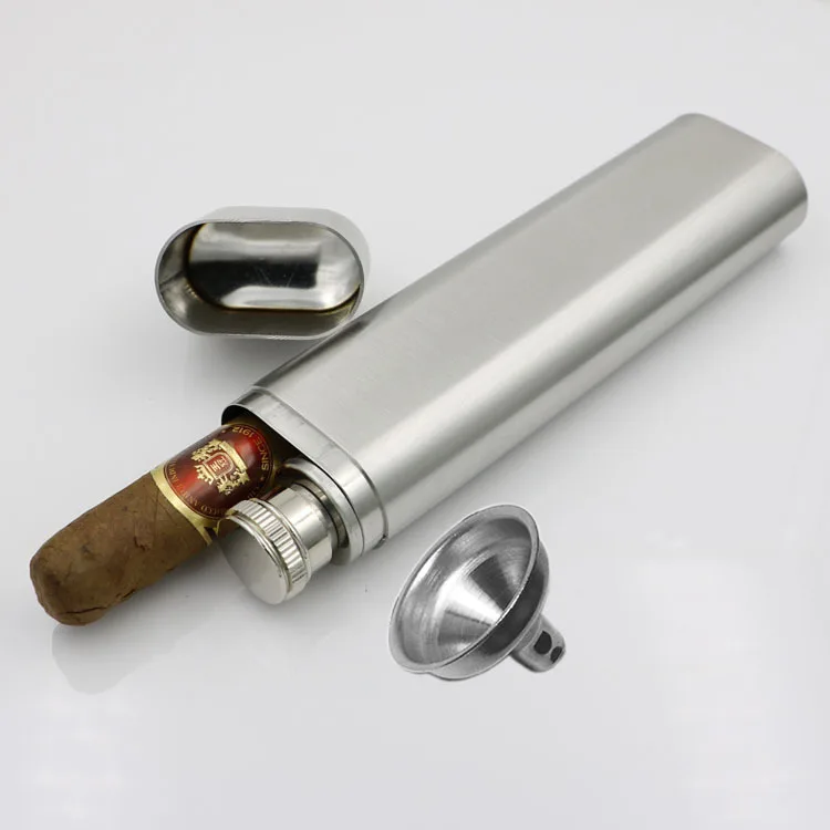 Mini 2oz Stainless Steel Hip Flask With One Cigar Pipe Holder Portable  Metal Cigar Tube and Flask