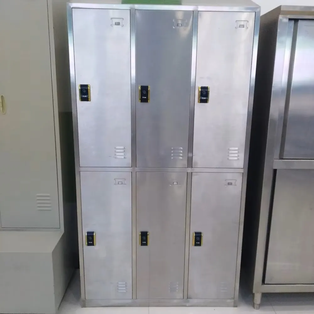 Industrial locker room equipment with stainless steel lockers and sanitation stations