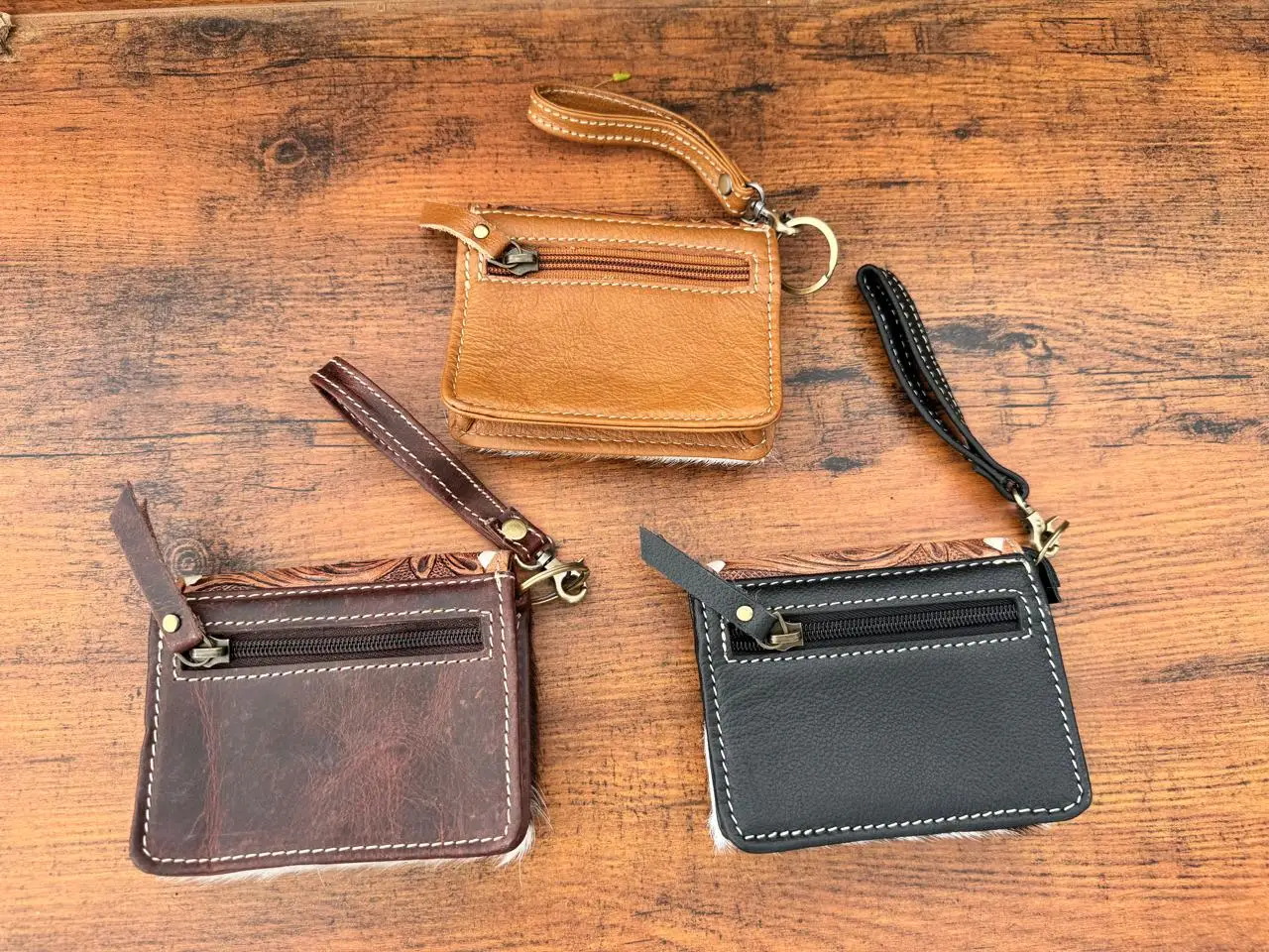 Premium Quality Hand Tooled Leather Small Wristlet Coin Purse Western Hair on Cowhide Leather Multi Uses Mini Wallet for Women's