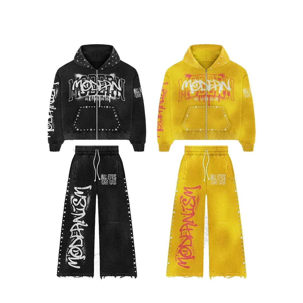 Custom Vintage Flared Pants Hooded Tracksuit for Unisex Acid Wash & Sun Faded Solid Cotton for Design Fashionwear