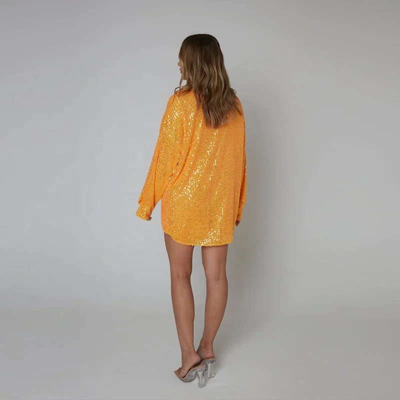 Women Sequin Button up Shirt Dress Oversized Fit Longline Orange Party Mini Dress  Sparkle Sequin Shirt| Alibaba.com