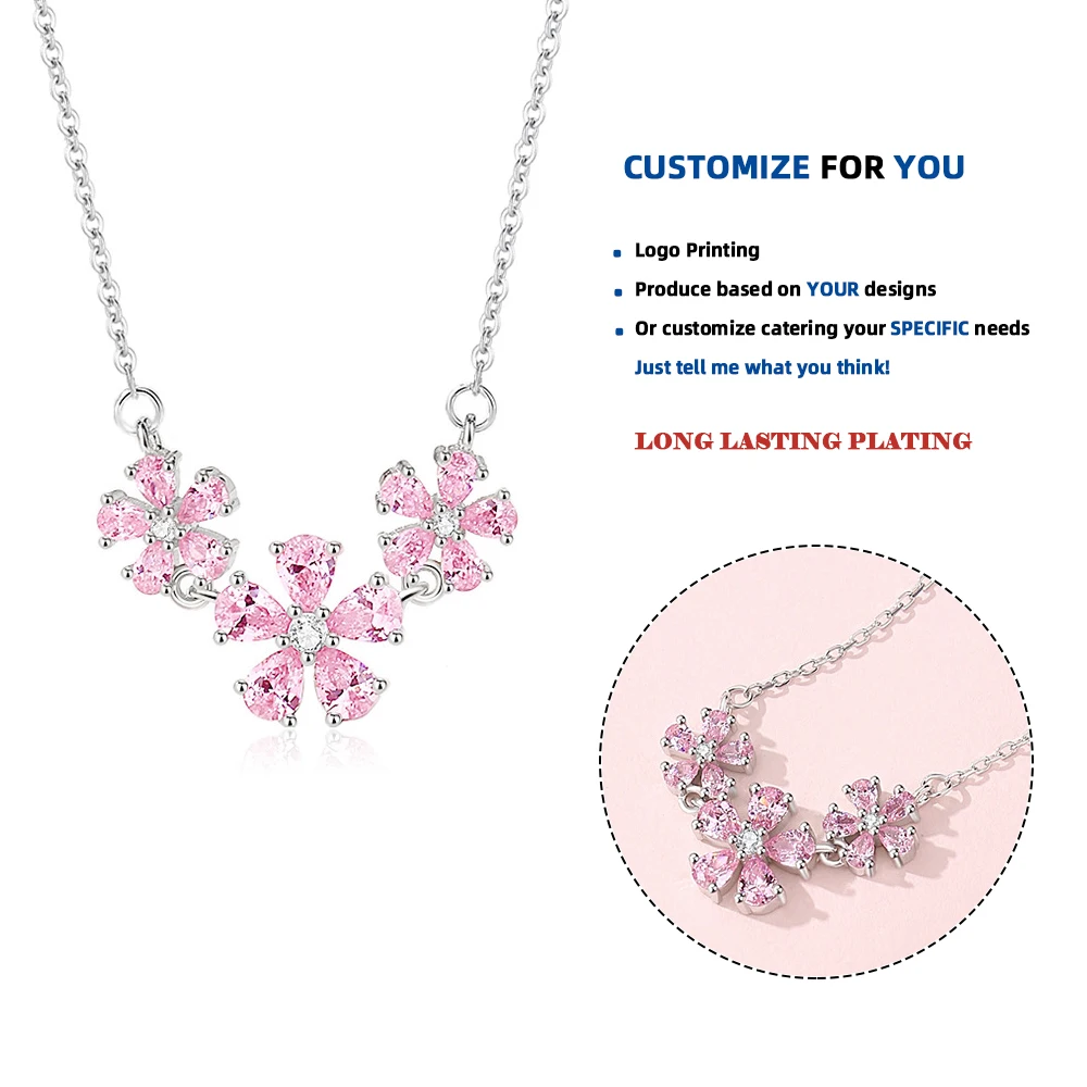 925 Sterling Silver Pink Diamond Peach Blossom Necklace