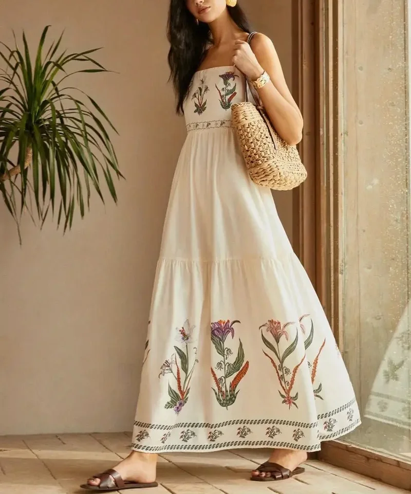 2025 Women Custom Summer Embroidery Halter Sleeveless Flowing Long Dress