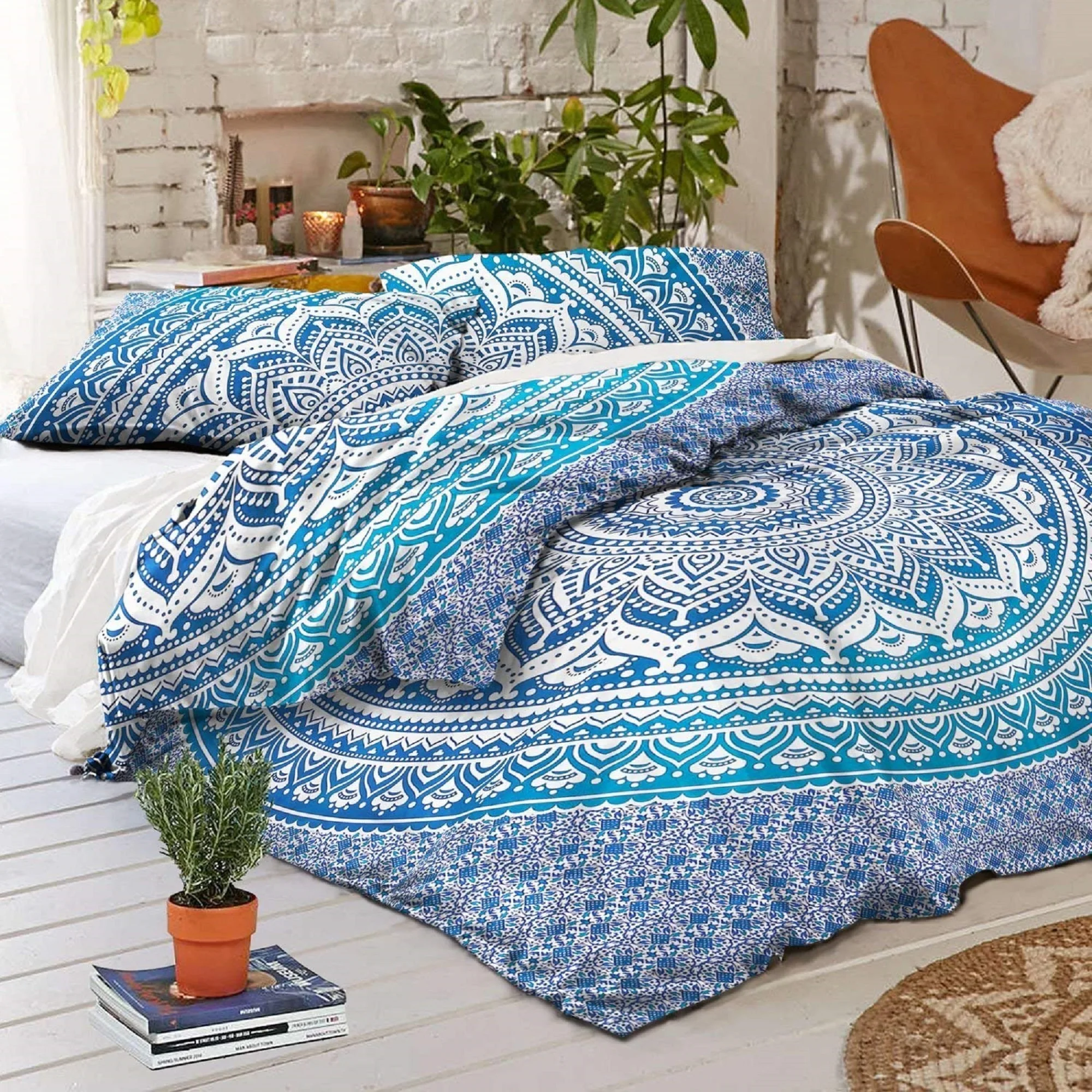 Blue Ombre Mandala Duvet Cover 140x200 cm 100% Cotton Queen Size Bed Linen With Pillow Handmade in India From Set