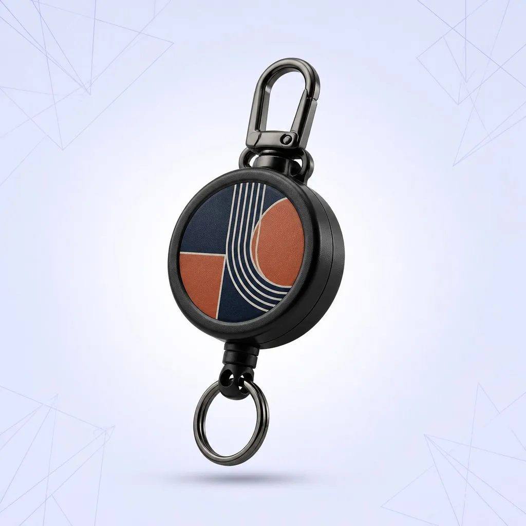 Floating product shot — abstract geometric arc badge reel with gunmetal carabiner