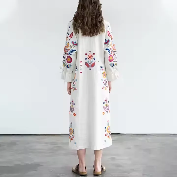 Fashion Design White Linen Dress with Floral Embroidery Loose Summer Dress  for Women