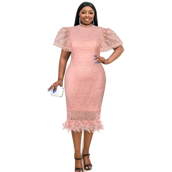 Custom Short Sleeve Bodycon Feather Hem Pink Lace Plus Size Dresses Elegant