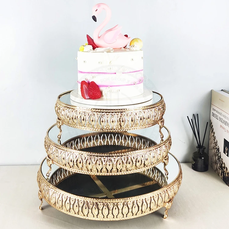 birthday wedding display cake tools metal display tray round gold 3 tier dessert cake stand set mirror tray
