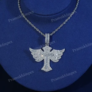 Iced Angel Cross Pendant Sterling Silver White Gold Plated Moissanite Charm Baguette Pave Wings Necklace Hip Hop Jewelry Unisex