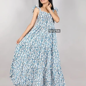 Cotton Hand Block Print Summer Cotton Dress Sleeveless Square Neck Floral Print Long Maxi Gown Indian Cotton Dress For Women
