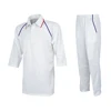 Classic white with minimal red and navy blue accent piping