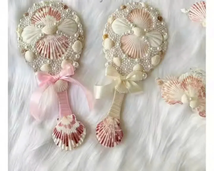 Handcrafted Mermaid Compact Ocean Shell Mirror with Pearls