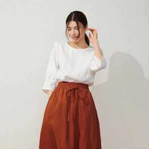 Fashion Brick Red Linen Skirt Casual Linen Midi Skirt Custom Women Elastic Waist Swing Skirt With Pockets Available Big Size