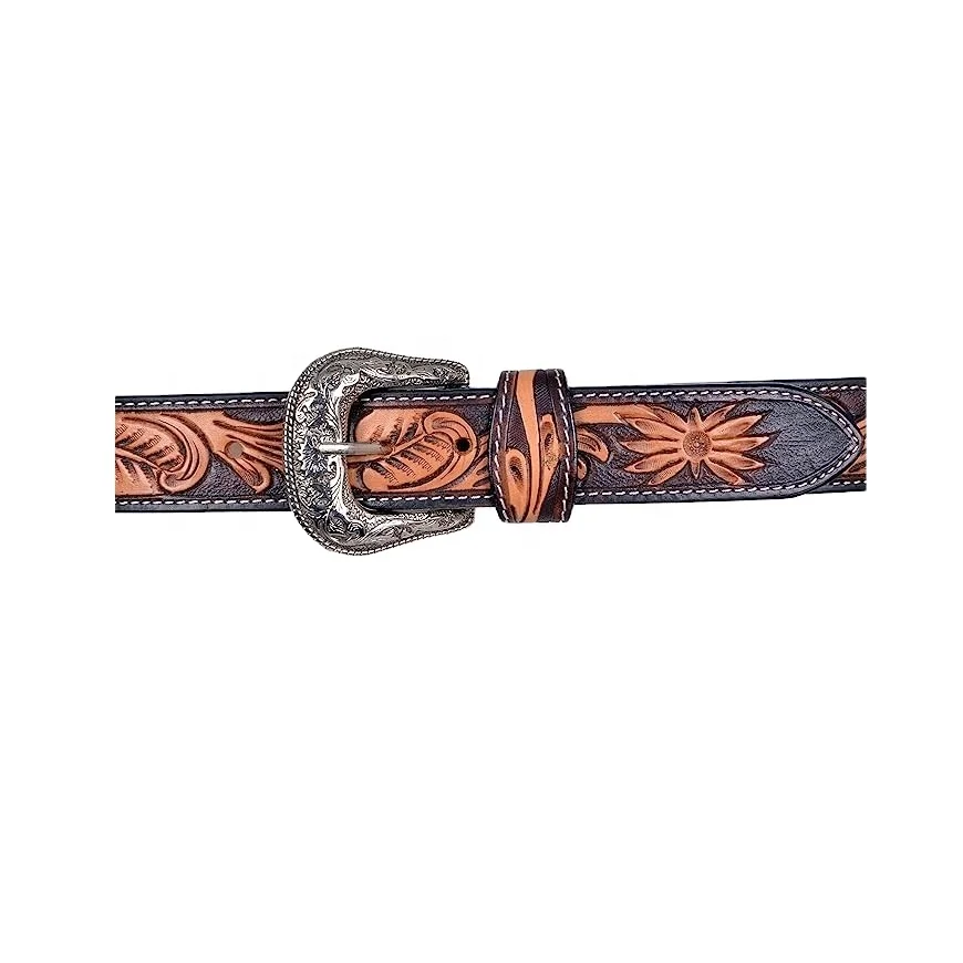 Hand Tooling Cowhide American Leather Cowboy Western Unisex Belt With Floral Hand Carving Rodeo