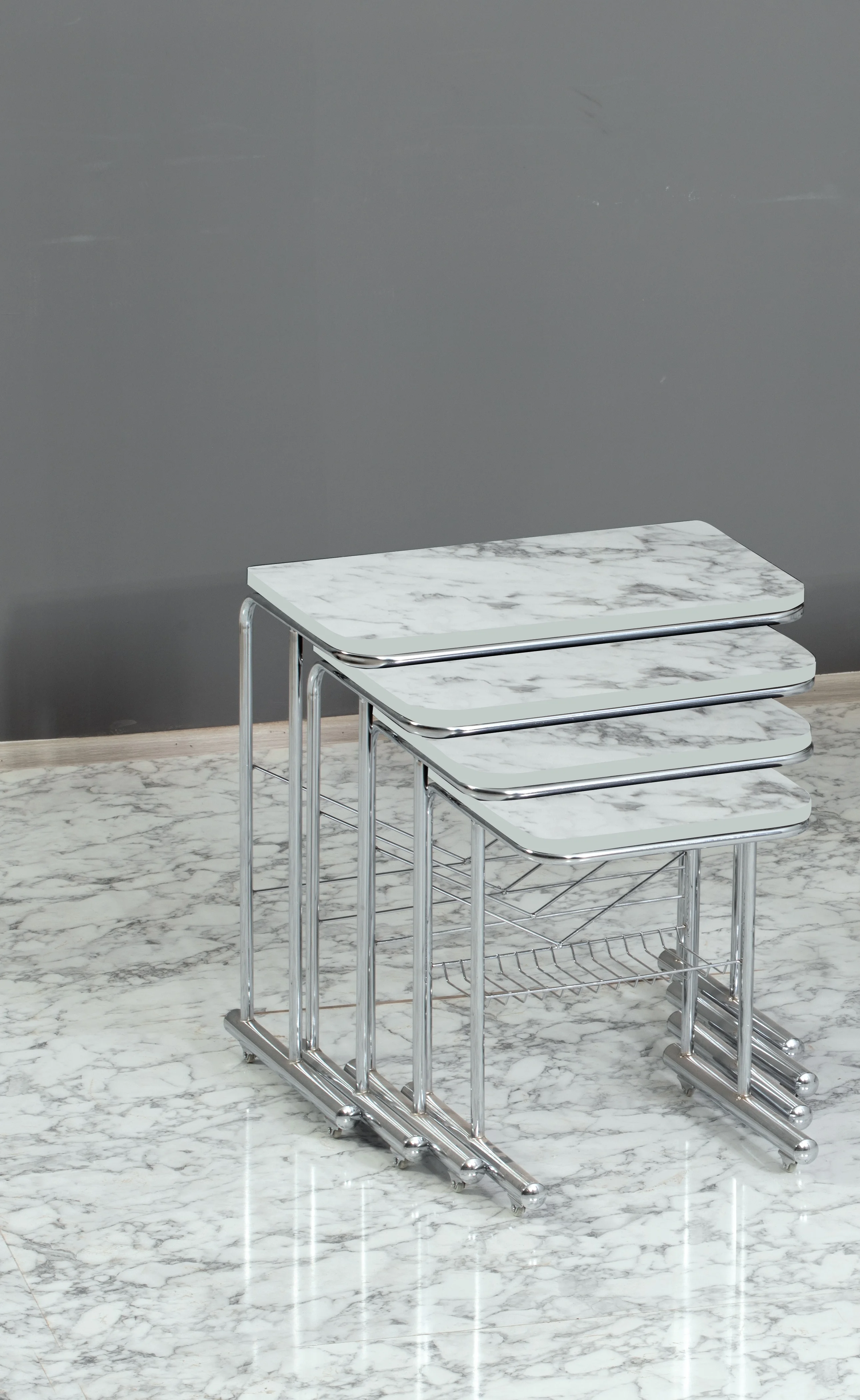 Modern European Design Nesting Tables Set of 4 Chrome Plated Metal Legs with MDF Laminate in 3 Colors for Living Room Furniture