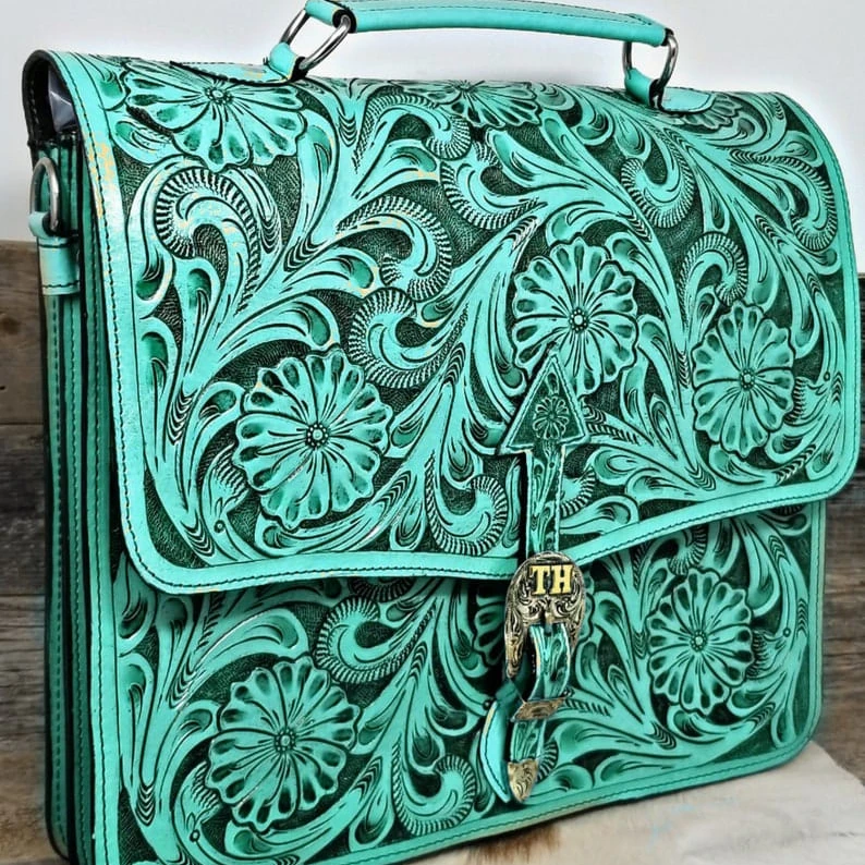 Handmade Fully Tooled Leather Western Briefcase With Floral Border