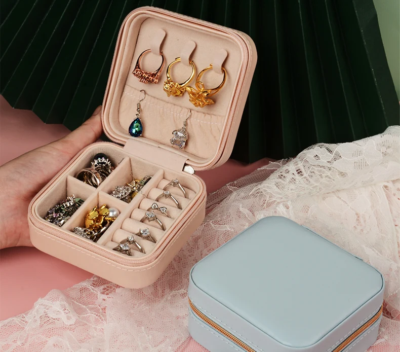 Pu Leather Jewel Case Travel Square Jewelry Storage Boxes Organizer Portable Rings Earrings