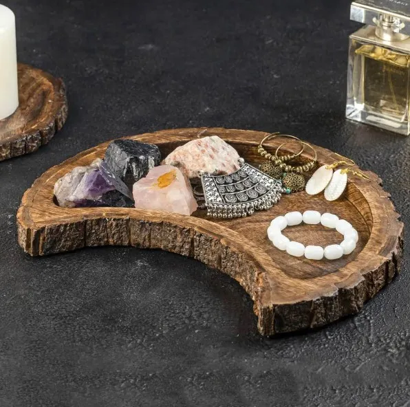 Mango Wood Moon Shape Crystal Holder Tray Wooden Platter with Tree Bark for  Serving Jewelry Display Organizer Stones Decor Use - Main Image