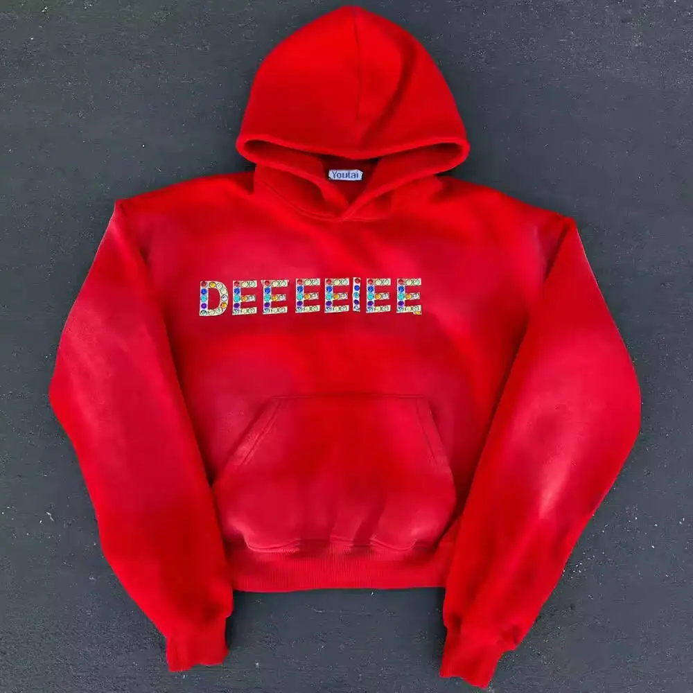 wholesale pullover rhinestone heavyweight acid wash drop shoulder oversize hoodie high quality streetwear fashion wholesaler