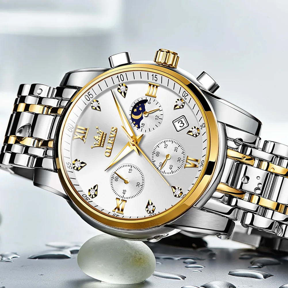 OLEVS Multi Time Zone Wristwatch Waterproof Feature Analog Date Watch Luminous Hands Stainless Steel Quartz Watch