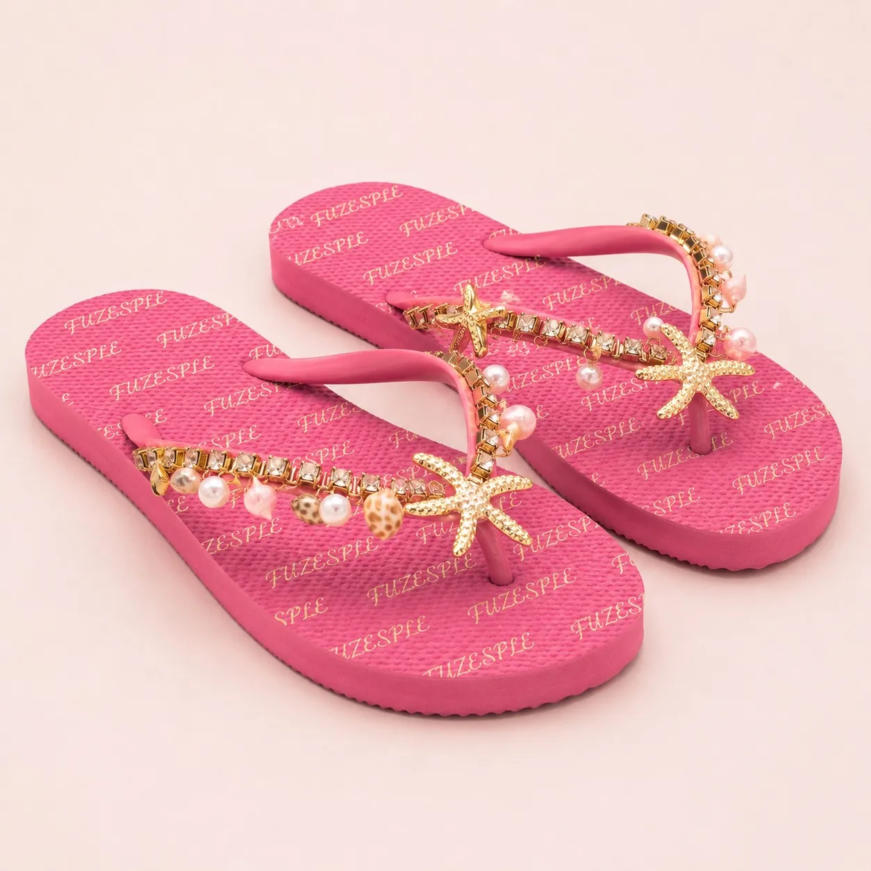 Angled pink starfish shell decorated flip flops