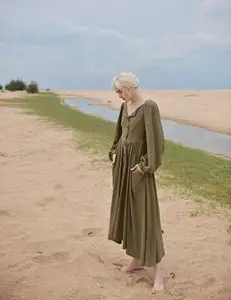 Good Quality Puff Sleeves Long Linen Dress Vintage Style Folded Neck Plus Size Long Sleeve Soft Dress Available Big Size