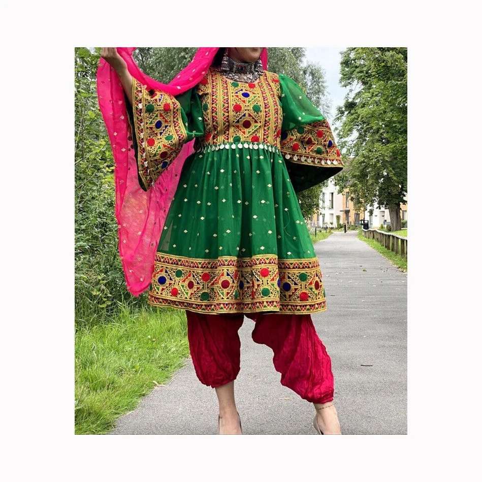 Premium Quality Genuine Leather Custom Fabric Salwar Kameez for Balochi Tribal Women Heavy Embroidered Long Frock Sleeves