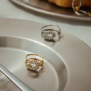 MW Women's 18K Gold-Plated Stainless Steel Paperclip-Designed Rhinestones 316l Stainless Steel 18k Adjustable Ring