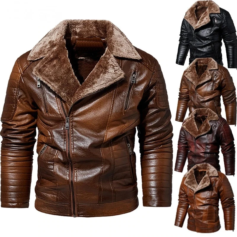 Men Thick Warm Fleece Leather Jacket Coat Male Winter Casual Motor ...