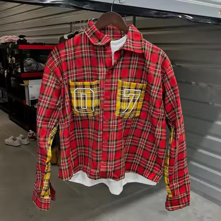Salati Men's Designer Cropped T-Shirt High Quality Cotton Long Full Sleeve Patchwork Button Applique Embroidery Check Plaid 6XL
