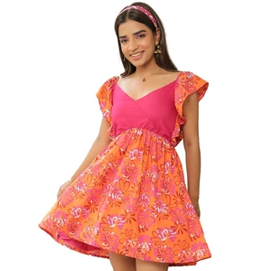 Tan Orange Floral Print Dress With Ruffled Sleeves One Piece Mini Dress for Summer Spring for Women and Girl Available Big Size