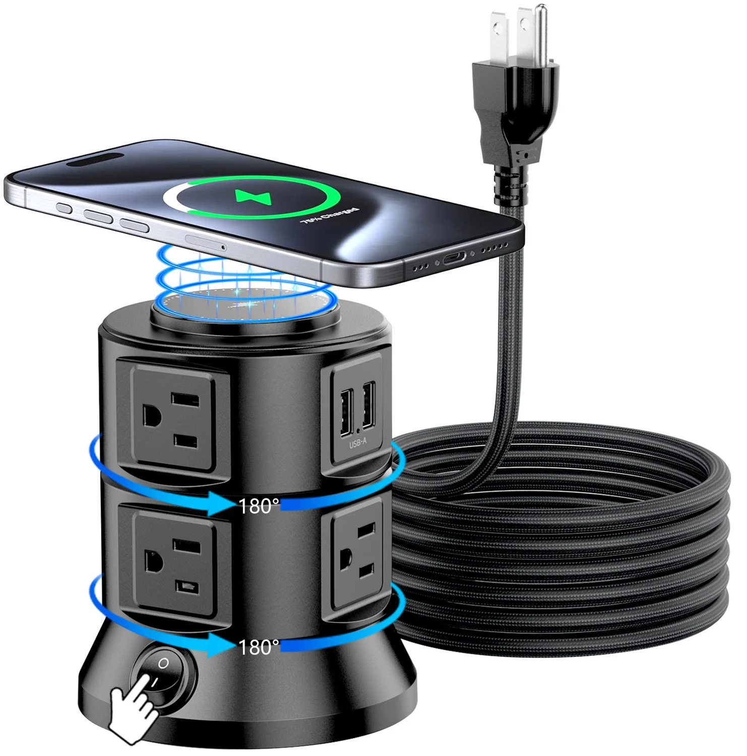 Computer Charger Tower USB Power Strip Tower with Wireless Charger, Flat Plug Surge Protector ...