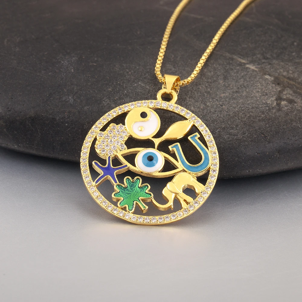 QIKU Creative Graffiti Design Tai Chi/ Eye/Elephant Pattern Copper Zircon  Pendant Necklace Women Jewelry Accessories Gift