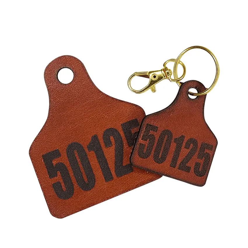 Custom Stamped Logo Leather Cattle Ear Cow Tags Keychain