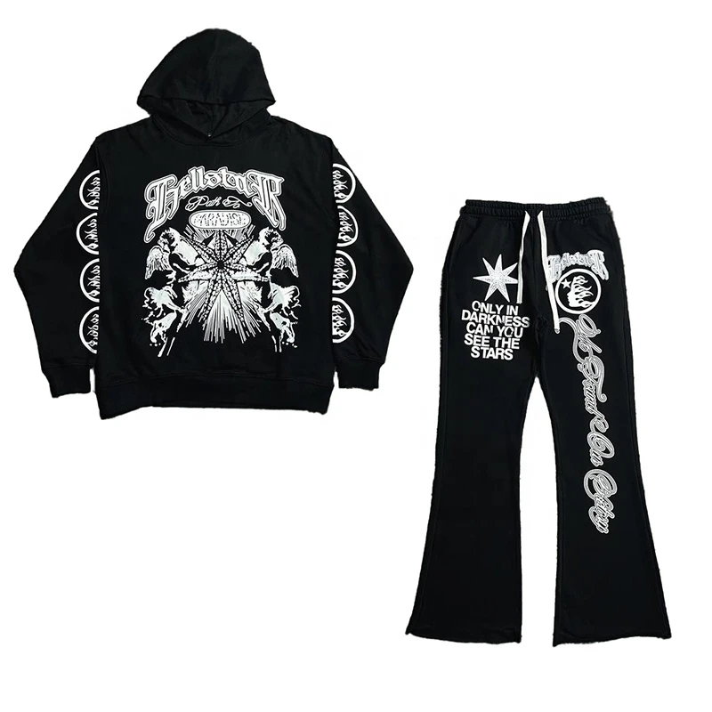 Premium Mens Winter Flared Sweat Suit Custom Logo 2-Piece Set Windproof Crop Hoodie & Flared Pants for Everyday Wear Free Mockup