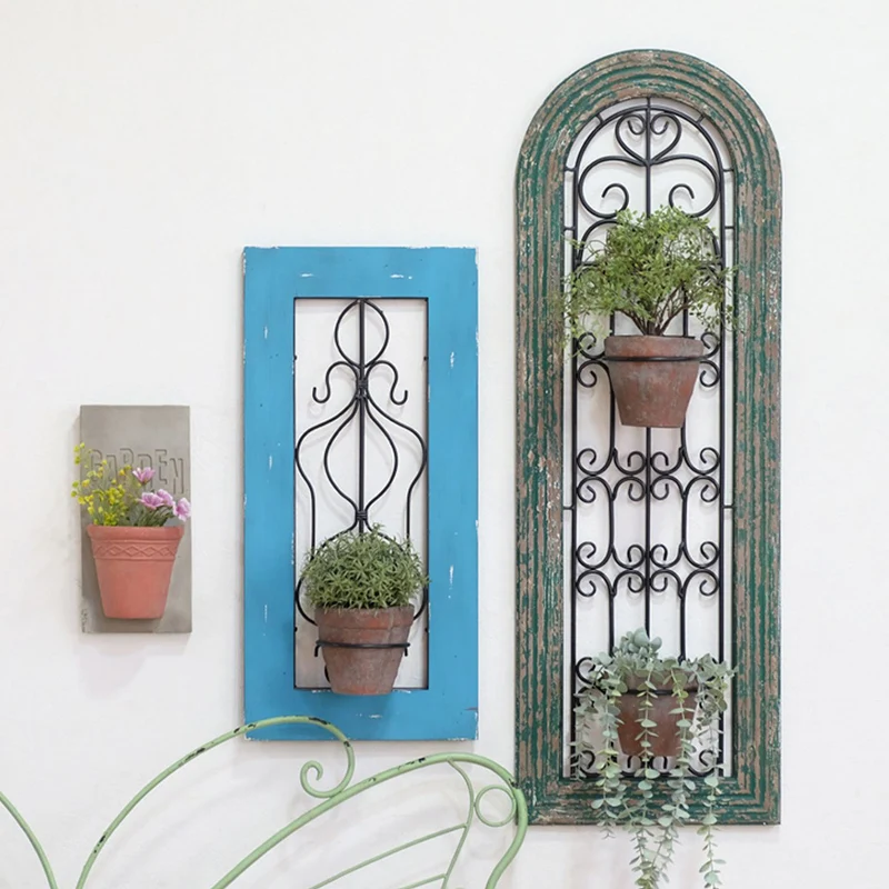 Wood Metal Rustic Window Frame Wall Decor Vintage Wall Hanging Planter ...