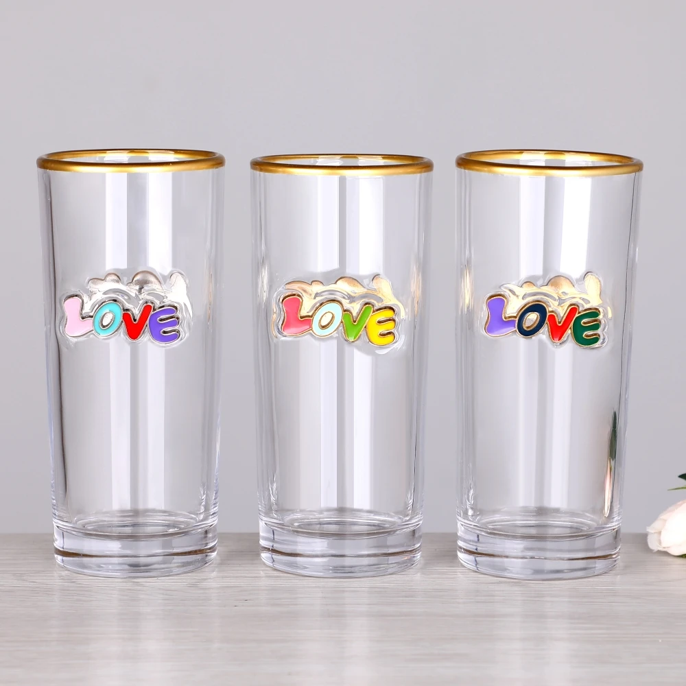Ready to Ship Gold Rim 3D Enamel Raised Design Barware Cocktail Water Highball Drinking Glass Tumbler Cup for Gift