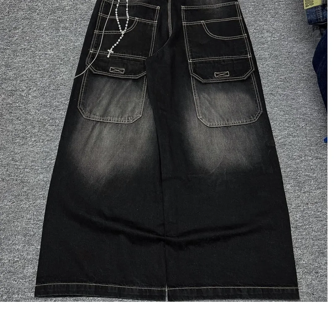 Niestandardowe męskie dżinsy w stylu vintage z wyblakłym efektem – luźne, oversized’owe spodnie w stylu streetwear o szerokich nogawkach z opcją haftu i nadruku ekranowego