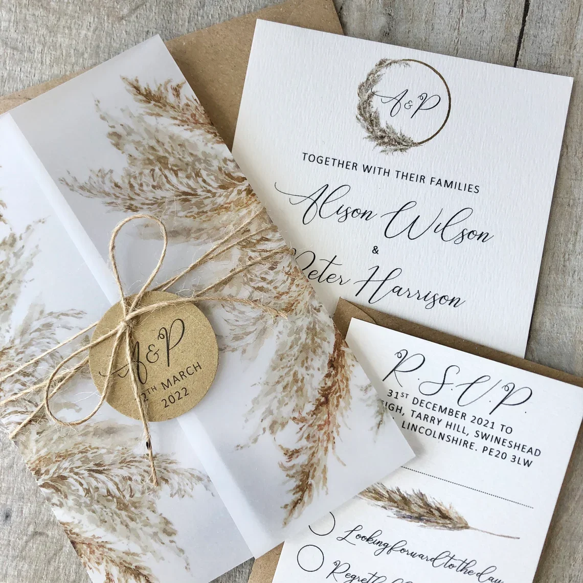 Custom Rustic Boho Pampas Grass Vellum Wrap Wedding Cards Designs Invitation Free Design Wedding