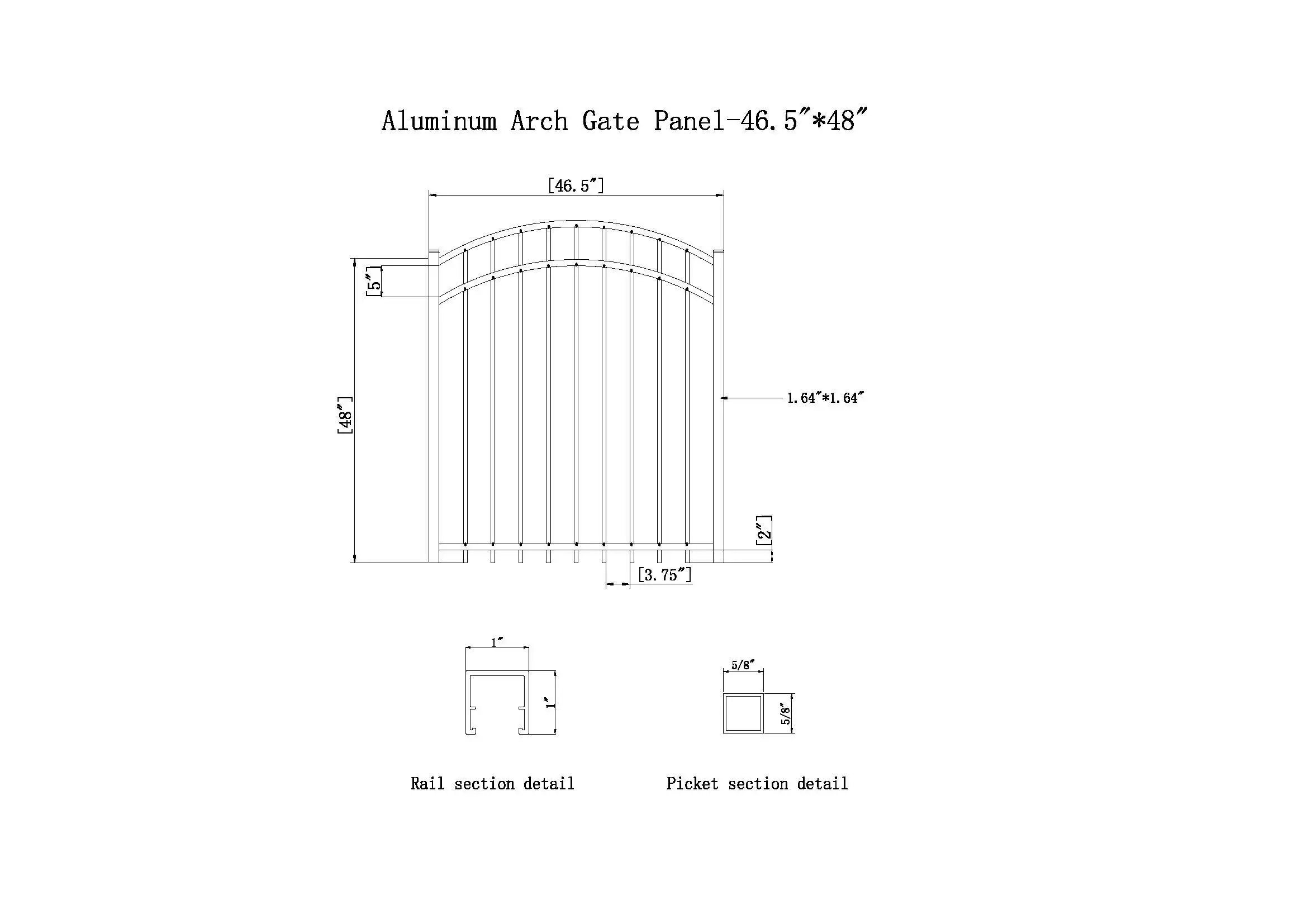 3-rail Rake Bottom Arch Aluminum Gate 46.5