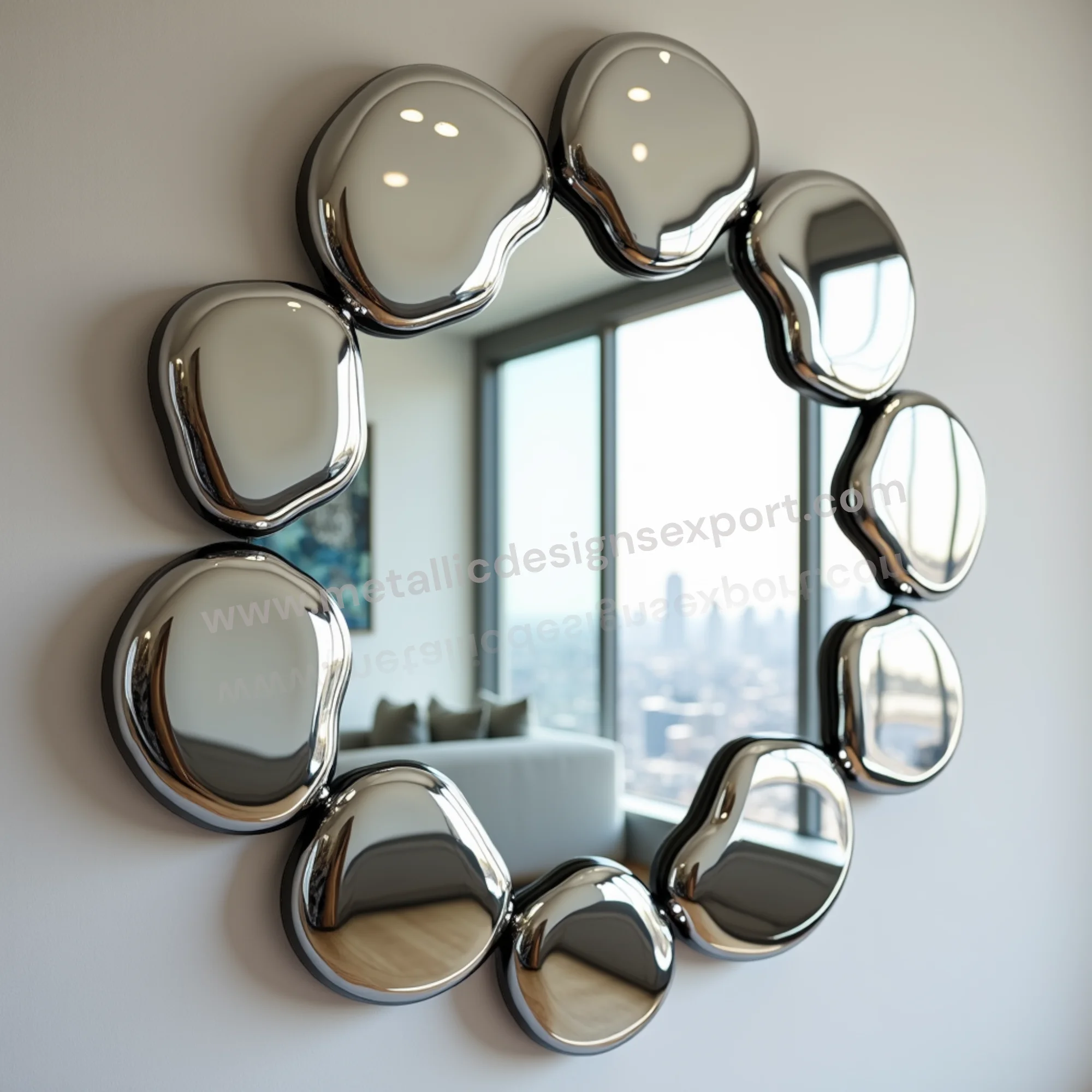 Luxury Abstract Round Mirror with Glossy Rippled Frame Modern Artistic Design Perfect for Chic Living Rooms Contemporary Spaces