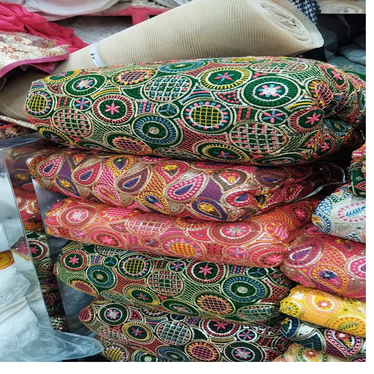Custom Made Embroidered Fabrics with Mirror Work and Colorful  Indian Theme Embroidery  Ideal for Dress Designers for Resale