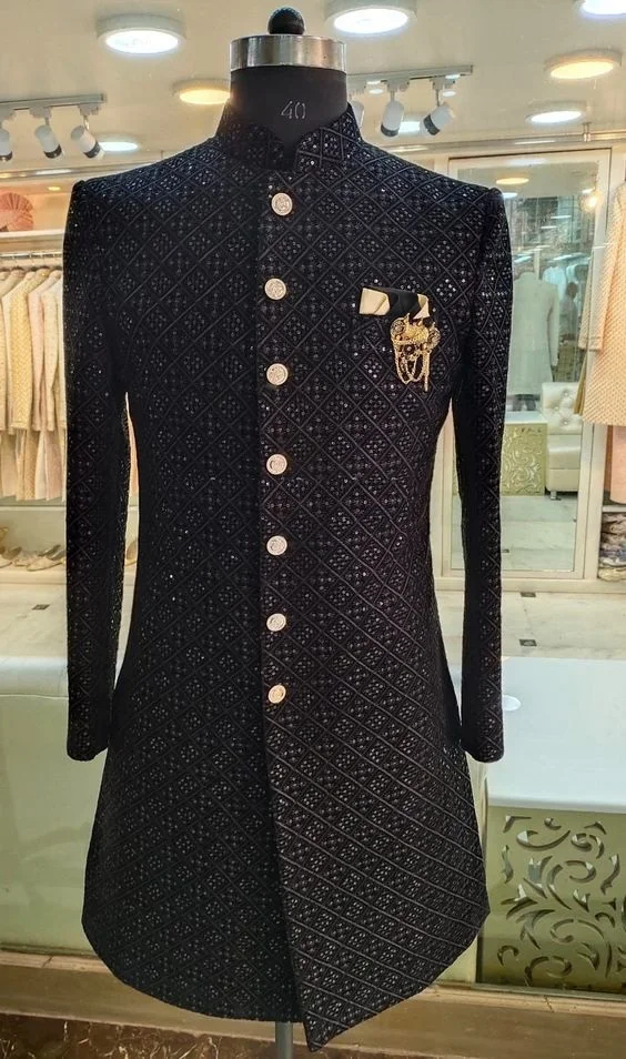 NEW STYLISH SEQUENCE EMBROIDERY on BLACK SHERWANI WITH PANT DRESS & ALSO MATCHING SHOE WITH DRESS for PARTY-WEAR/WEDDING @ 2023