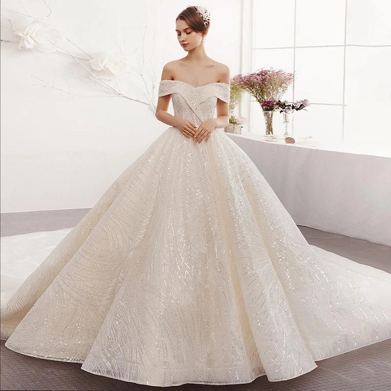 Ball Gown Wedding Dresses Boat Neck Sequins Off The Shoulder Simple ...