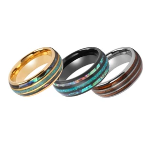 Fashion Tungsten Ring Custom Man Colored Shells Inlay Wood Opal Anillos Hombre Fine Jewellery Tungsten Carbide Ring for Men