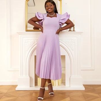 AM030117 Pleated Midi Ruffle Sleeve Vestidos Cap Sleeve Party Prom Dresses Women