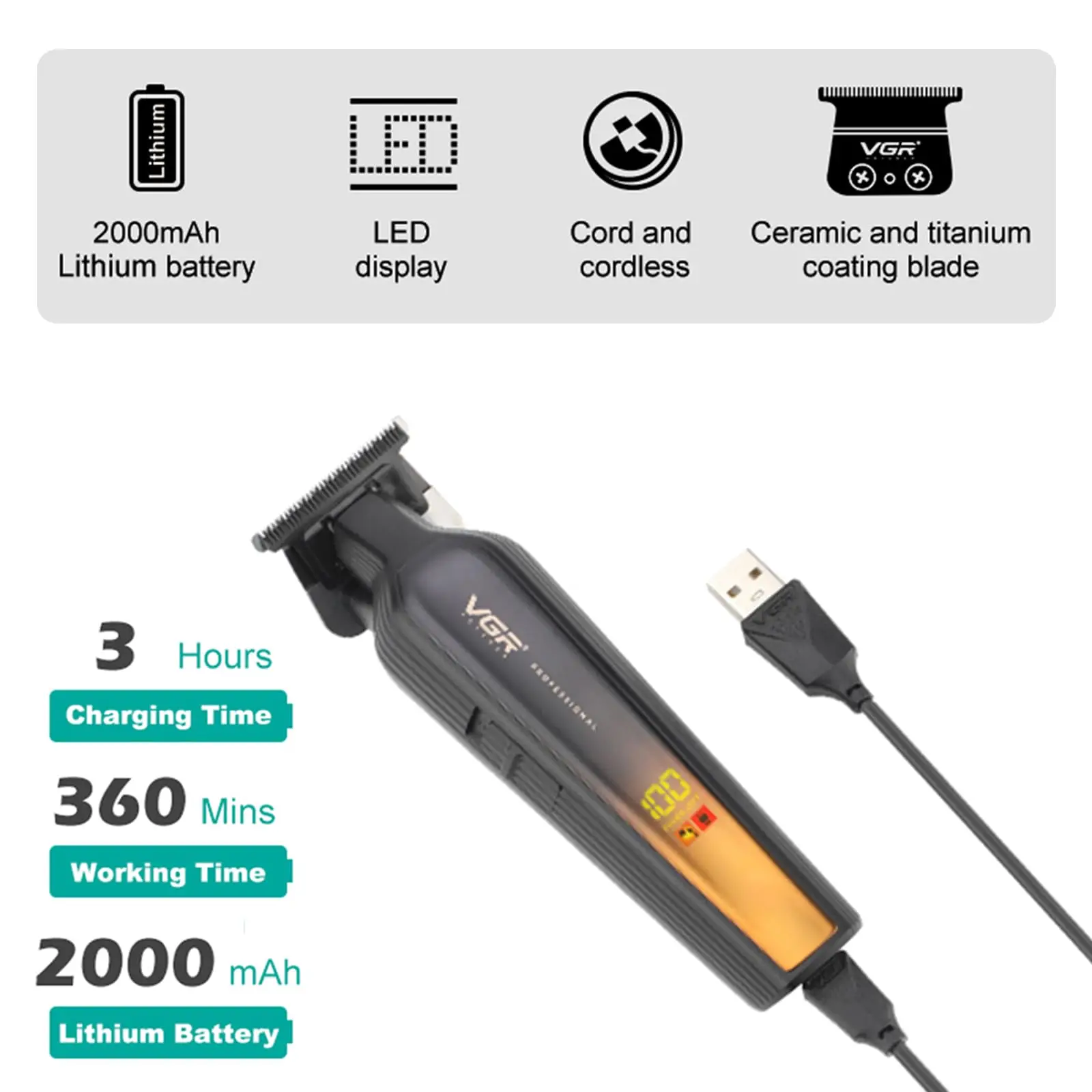 Tondeuses à cheveux professionnelles pour hommes en acier inoxydable, autonomie de 360 minutes, lames à écartement zéro, alimentées par batterie USB-C, tondeuses de barbier, US