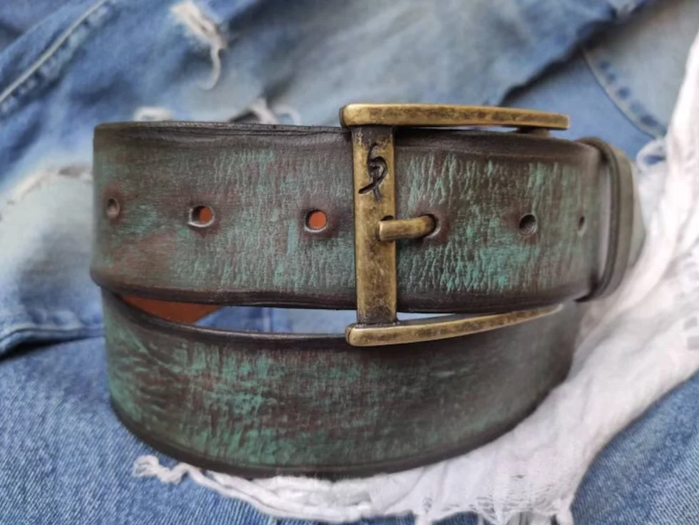 High Quality Luxury Pin Buckle Unisex Cowhide Stylish Retro Genuine Distressed Turquoise Leather Belt