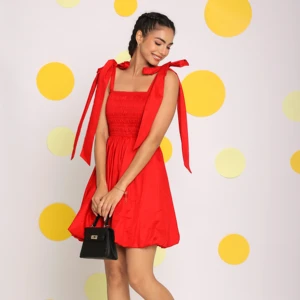 Pure Cotton Red Mini Skater Dress for Summer Woven with Fitted Burst Dress Western Style Natural Waistline Available in Big Size